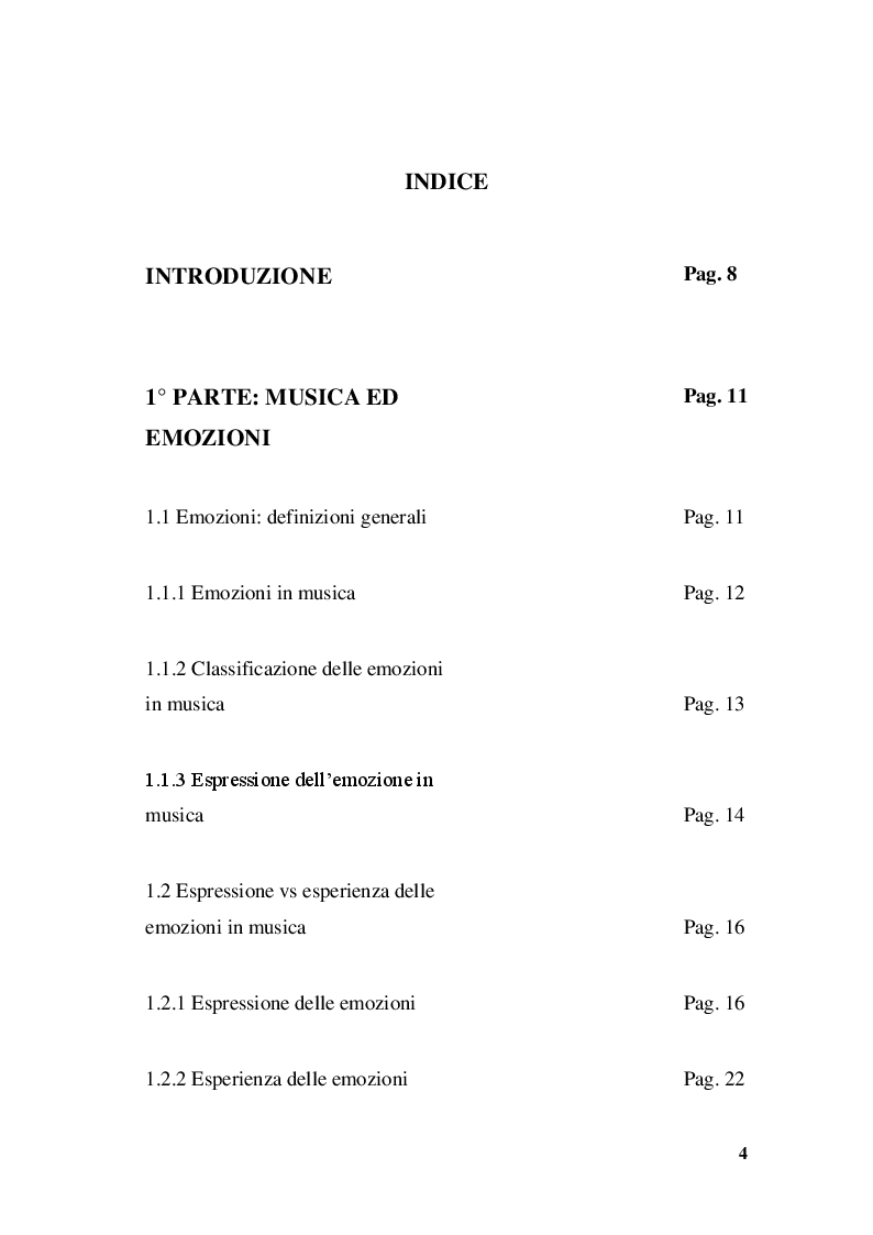 Indice della tesi: Lo sviluppo della mente musicale nel bambino. Aspetti cognitivi ed emozionali, Pagina 1