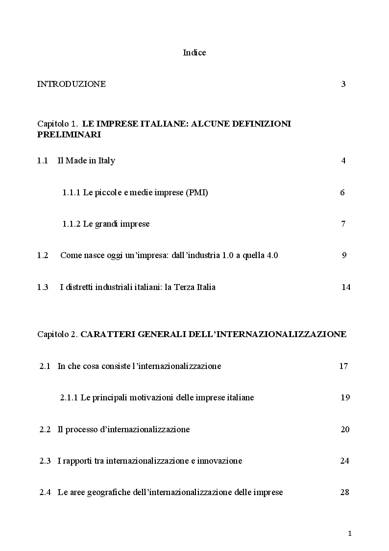 Indice della tesi: L'internazionalizzazione delle imprese italiane: tre casi di studio nel settore alimentare, Pagina 1