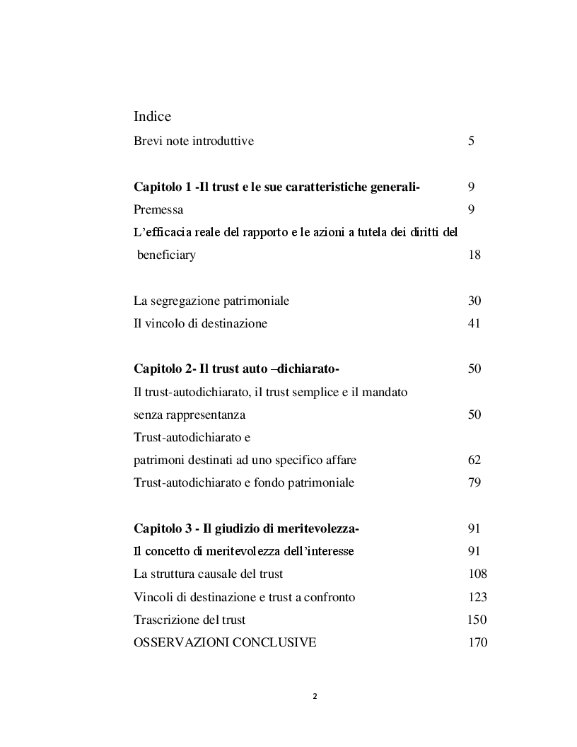 Indice della tesi: Trust interno e meritevolezza degli interessi regolati, Pagina 1