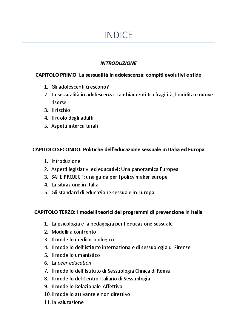 Indice della tesi: L'educazione sessuale degli adolescenti. Modelli, politiche e culture a confronto, Pagina 1