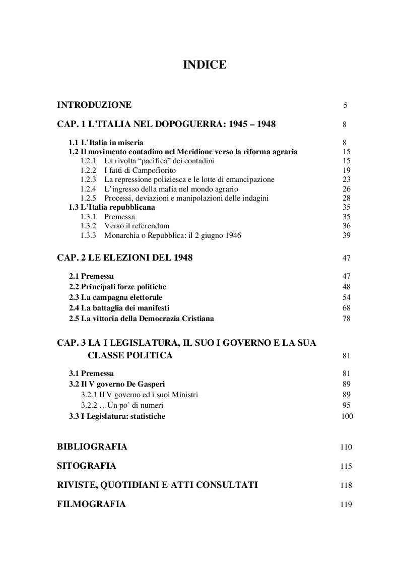 Indice della tesi: Politica e società in Italia nel secondo dopoguerra, Pagina 1