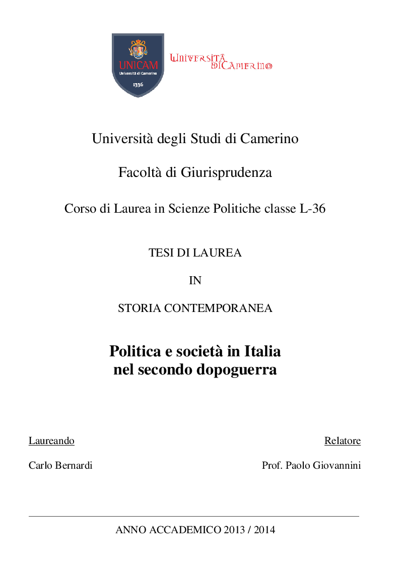 Anteprima della tesi: Politica e società in Italia nel secondo dopoguerra, Pagina 1