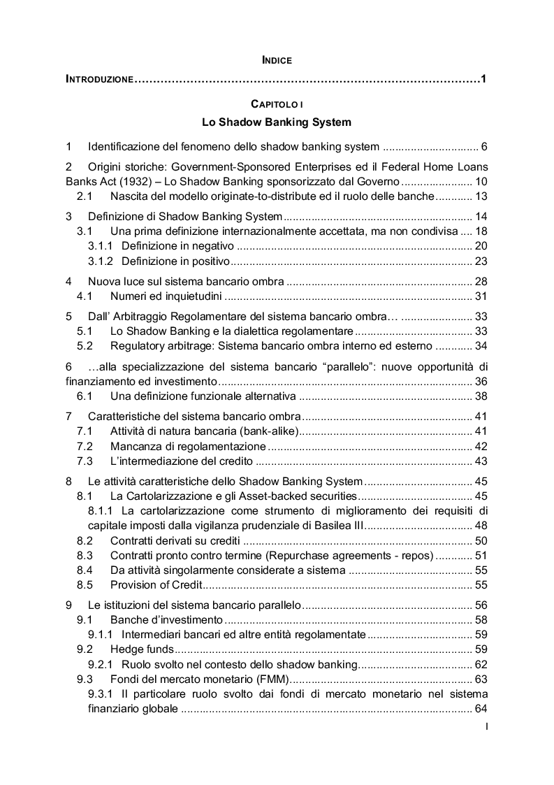 Indice della tesi: Shadow Banking e alternative lending: la liberalizzazione del credito. “A boon and bane for financial system”, Pagina 1