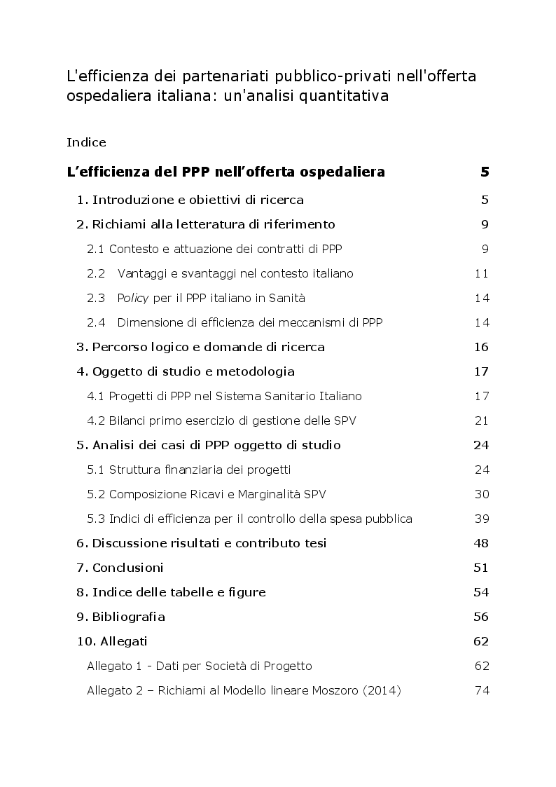 Indice della tesi: L'efficienza dei partenariati pubblico-privati nell'offerta ospedaliera italiana: un'analisi quantitativa, Pagina 1