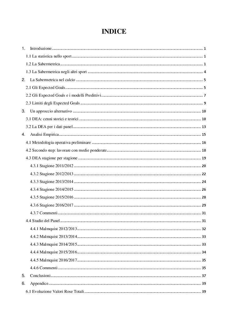 Indice della tesi: La statistica nel calcio: un'analisi non parametrica di efficienza, Pagina 1