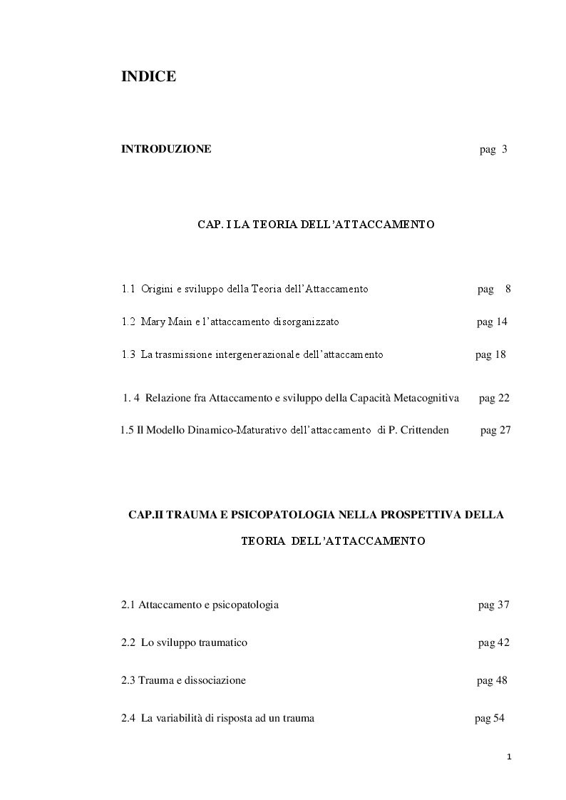 Indice della tesi: Il ruolo delle funzioni genitoriali nei casi di “trauma complesso”, Pagina 1