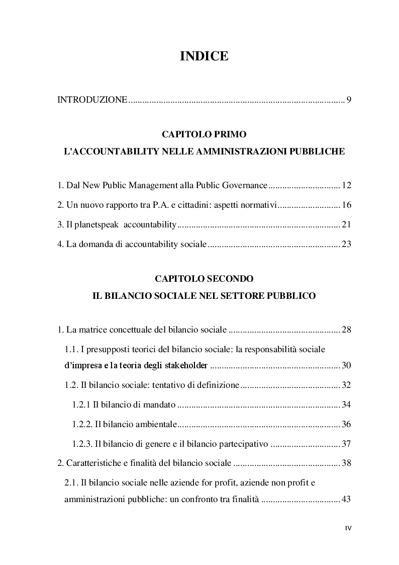 Indice della tesi: Accountability e gestione della performance nel settore pubblico: il bilancio sociale nelle scuole come misura del valore e del benessere collettivo, Pagina 1
