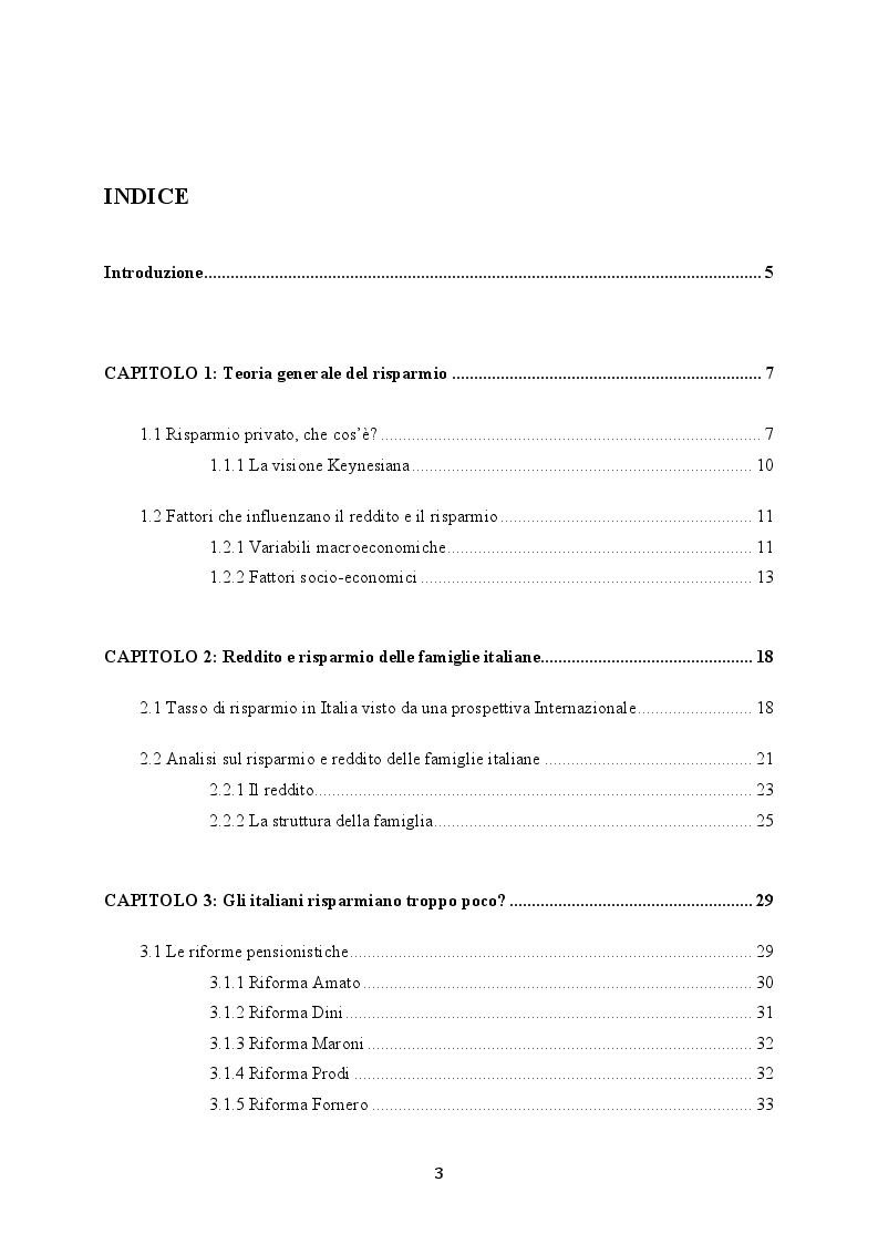 Indice della tesi: Il crollo del risparmio delle famiglie italiane: analisi di cause ed effetti di un pericoloso trend, Pagina 1