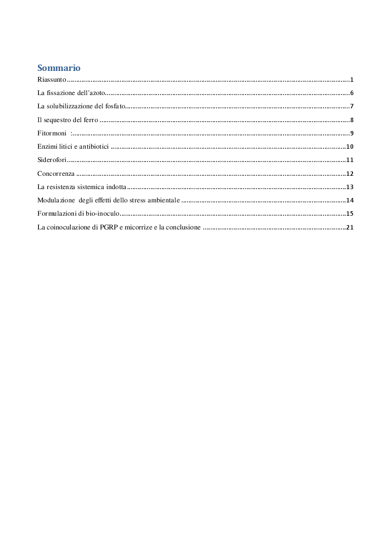 Indice della tesi: Valutazione di alcuni effetti dell'applicazione in serra e in campo di rizobatteri promotori della crescita, combinati con funghi micorrizzici arbuscolari, Pagina 1