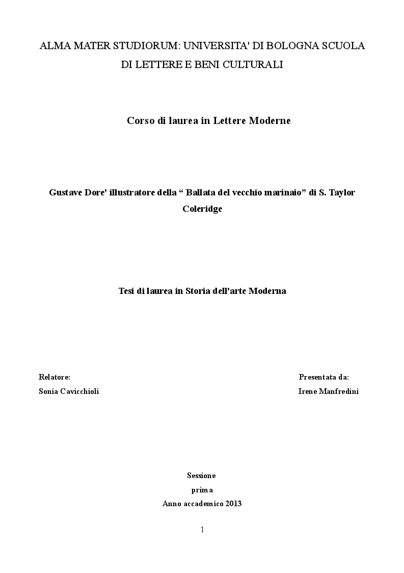 Anteprima della tesi: Gustave Doré illustratore della Ballata del Vecchio Marinaio di S.T Coleridge, Pagina 1