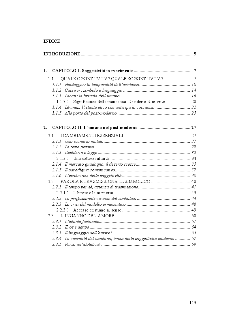 Indice della tesi: Dal soggetto all'idolo. Evoluzione del desiderio post-moderno, Pagina 1