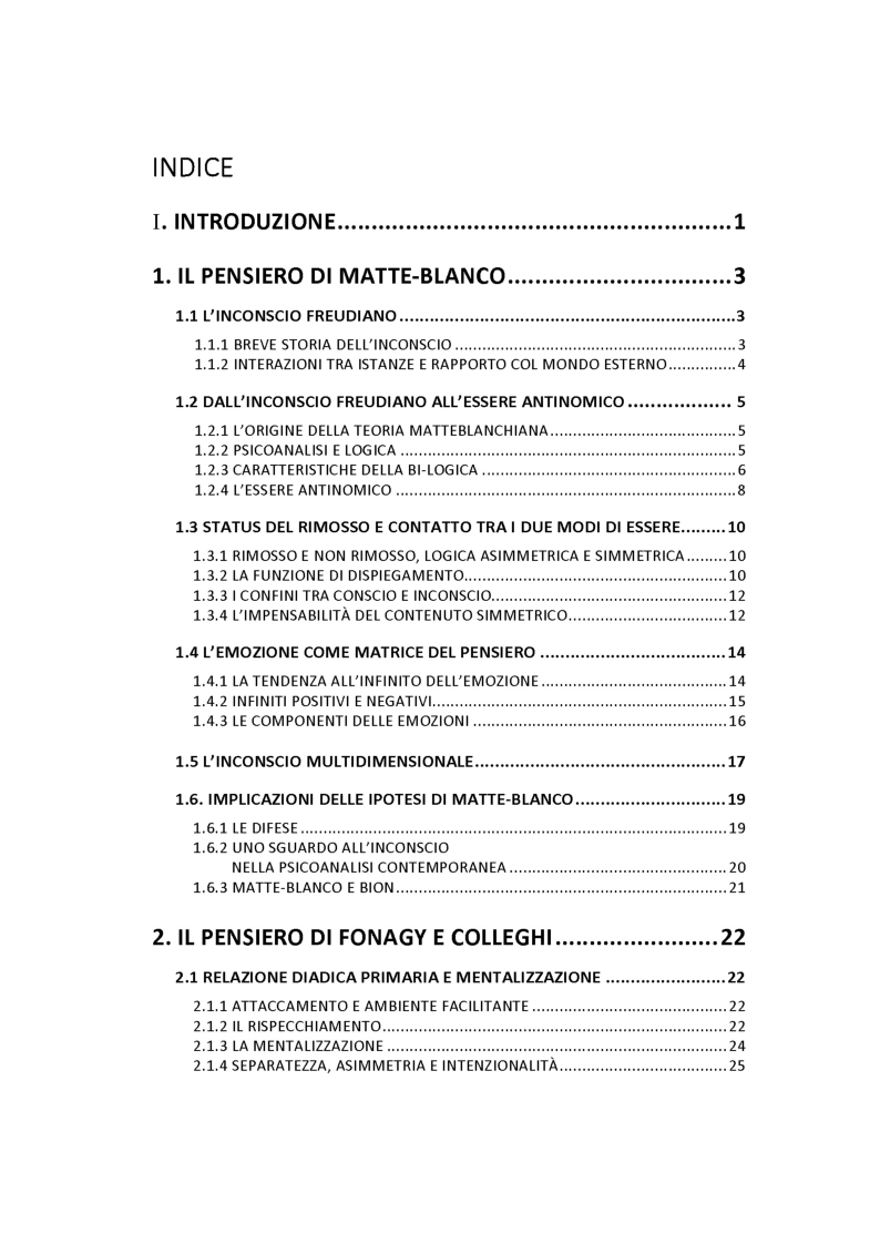Indice della tesi: La mentalizzazione nell'essere antinomico: tra Fonagy e Matte-Blanco, Pagina 1