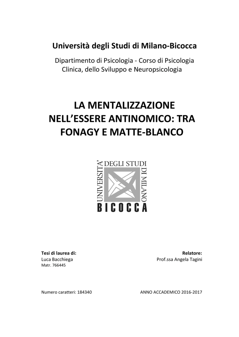 Anteprima della tesi: La mentalizzazione nell'essere antinomico: tra Fonagy e Matte-Blanco, Pagina 1