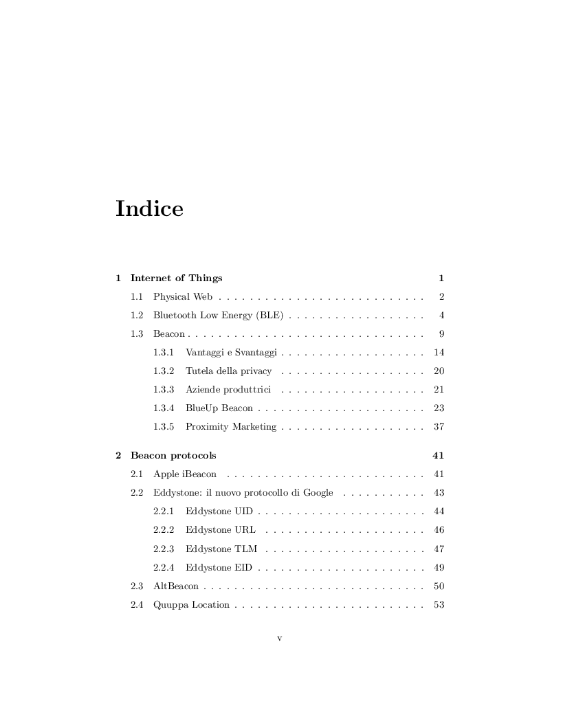 Indice della tesi: I Beacon, interazione tra mobile app e dispositivi BLE, Pagina 1