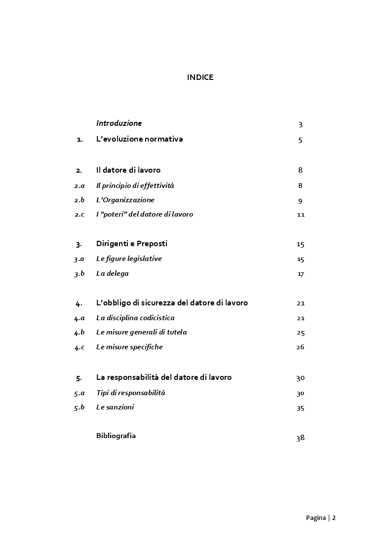 Indice della tesi: Prerogative e attribuzioni del datore di lavoro in materia di sicurezza, Pagina 1