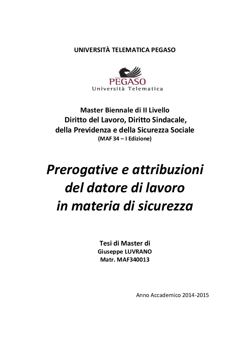 Anteprima della tesi: Prerogative e attribuzioni del datore di lavoro in materia di sicurezza, Pagina 1