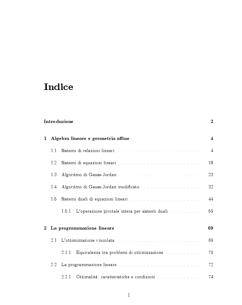 Indice della tesi: Tableaux duali a coefficienti interi per problemi di programmazione lineare, Pagina 1