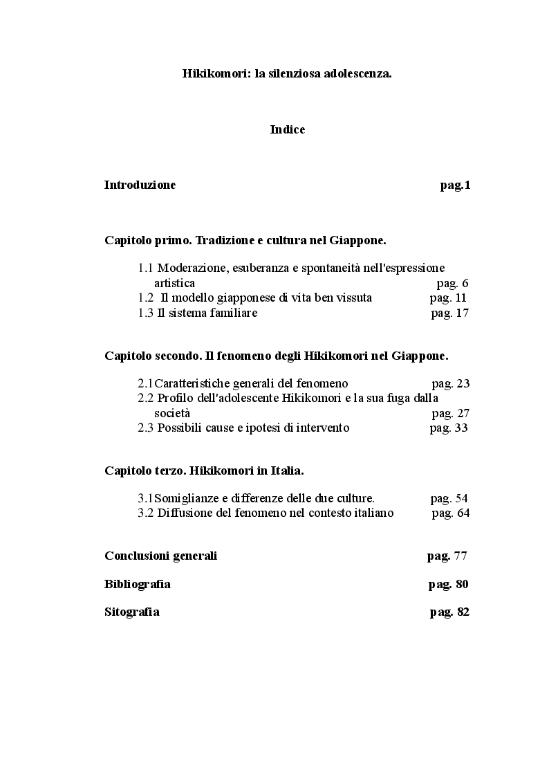 Indice della tesi: Hikikomori: la silenziosa adolescenza, Pagina 1