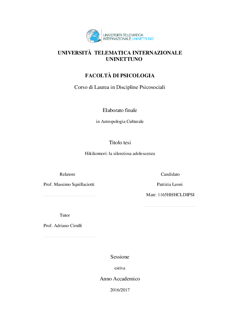 Anteprima della tesi: Hikikomori: la silenziosa adolescenza, Pagina 1
