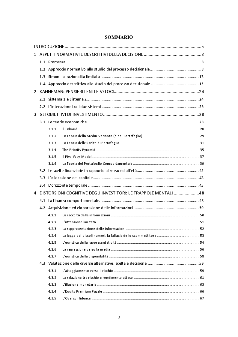 Indice della tesi: Mercati finanziari: investitori e trappole mentali, Pagina 1
