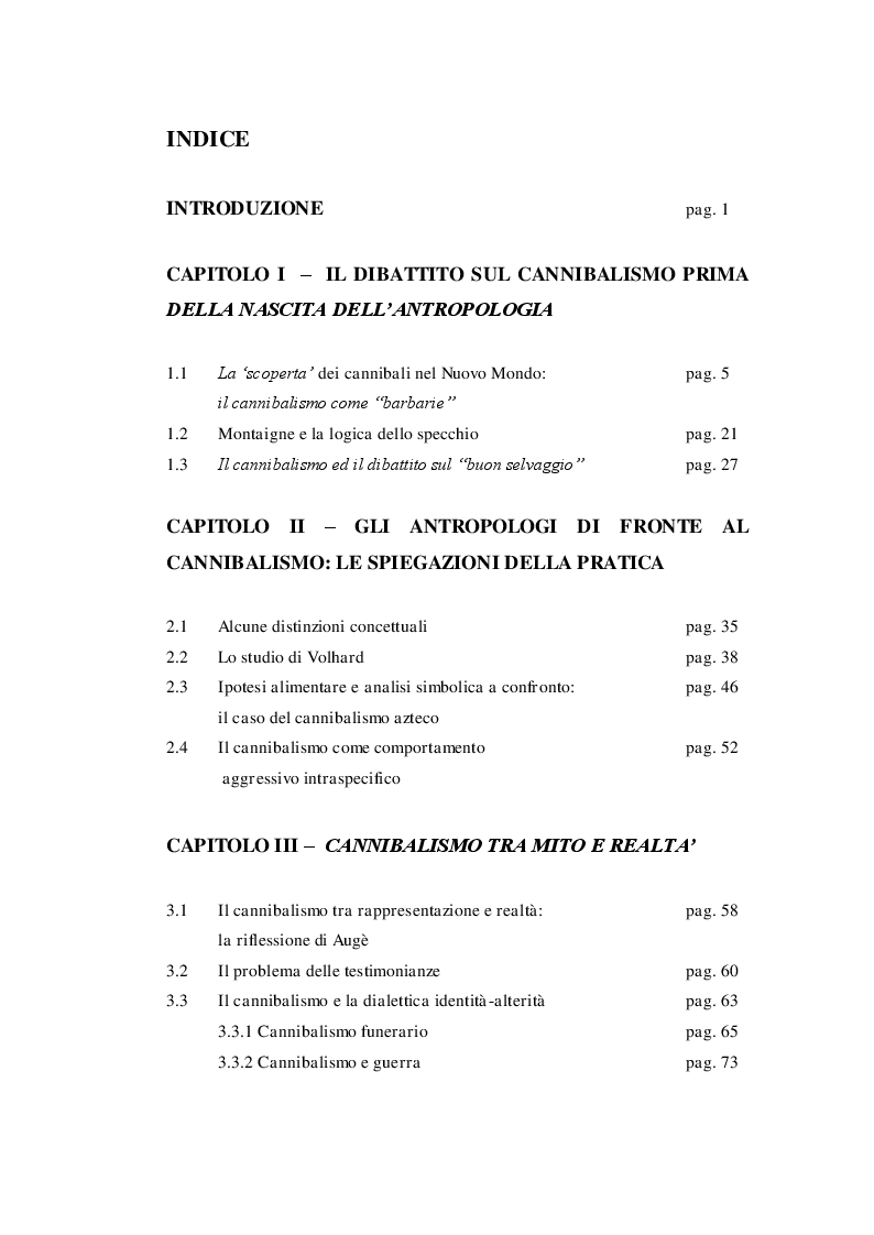Indice della tesi: Le interpretazioni del cannibalismo in antropologia, Pagina 1