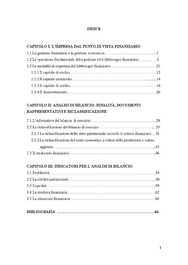 Indice della tesi: La situazione finanziaria d'impresa, Pagina 1