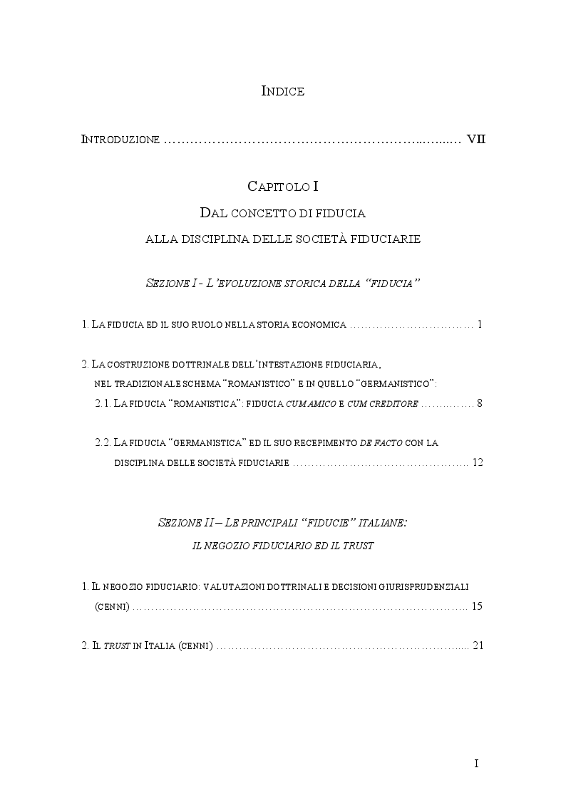 Indice della tesi: Le società fiduciarie e il controllo pubblico. La vigilanza di Banca d’Italia., Pagina 1