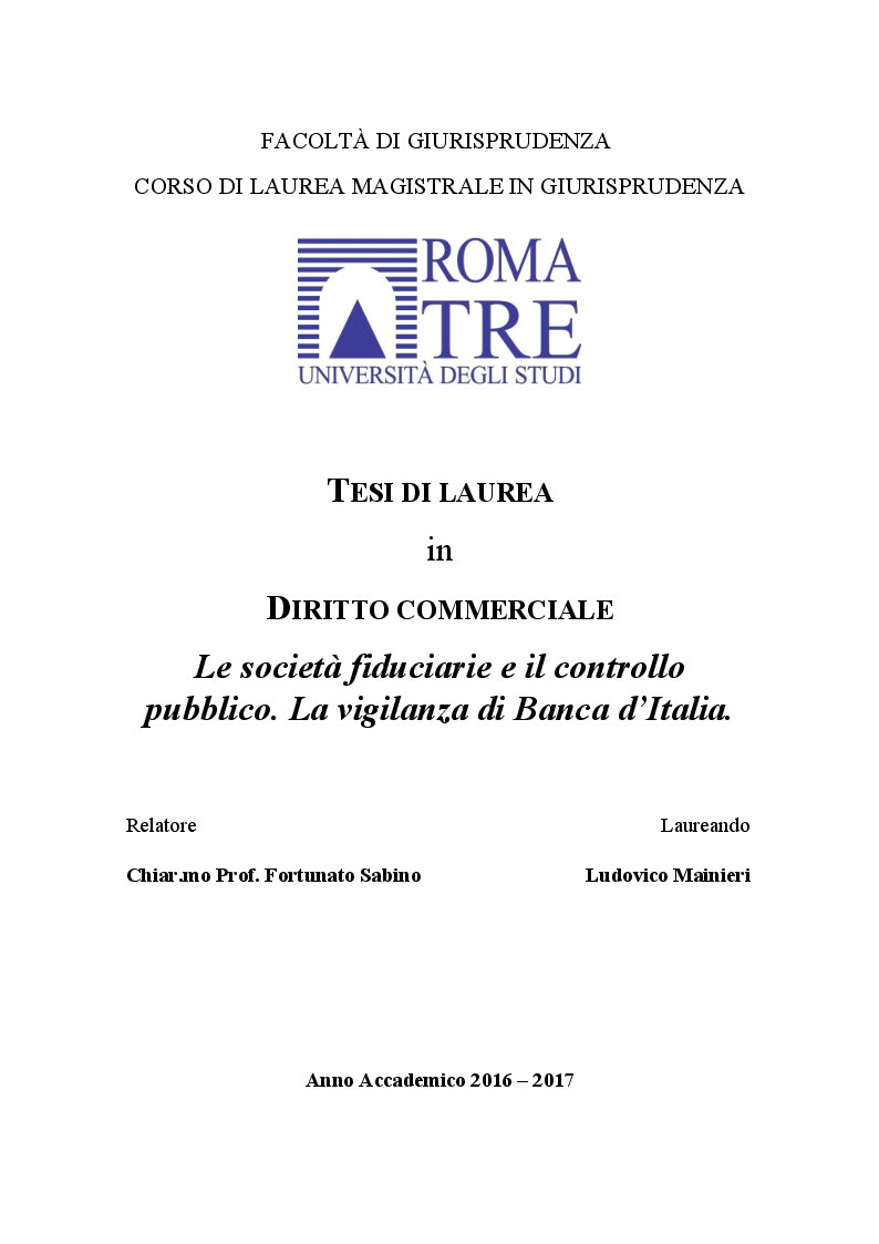 Anteprima della tesi: Le società fiduciarie e il controllo pubblico. La vigilanza di Banca d’Italia., Pagina 1