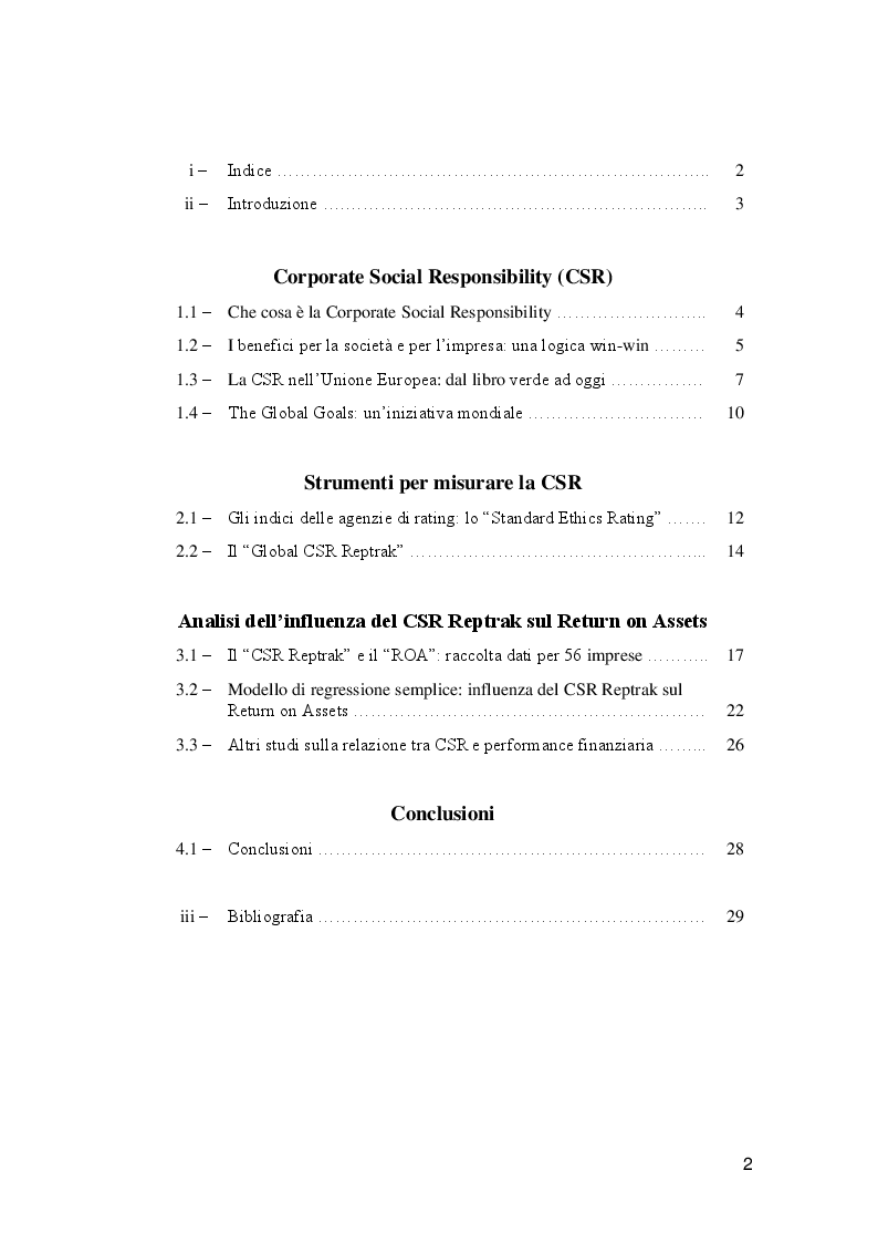 Indice della tesi: Analisi della relazione tra CSR e performance finanziaria dell’impresa, Pagina 1