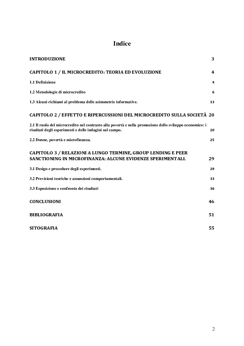 Indice della tesi: Il Microcredito: Teoria, Impatto Sociale ed Evidenze Sperimentali, Pagina 1