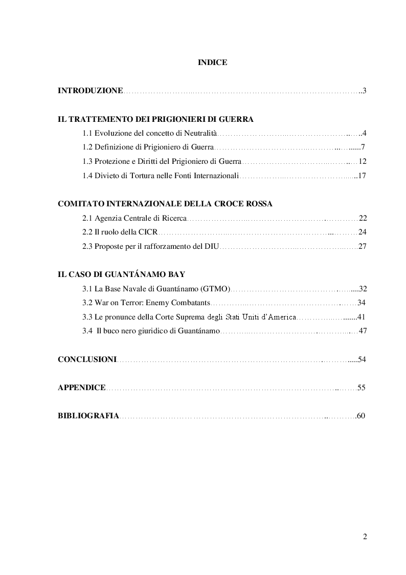 Indice della tesi: Linea di Confine tra Prigioniero di Guerra e "Enemy Combatant", Pagina 1