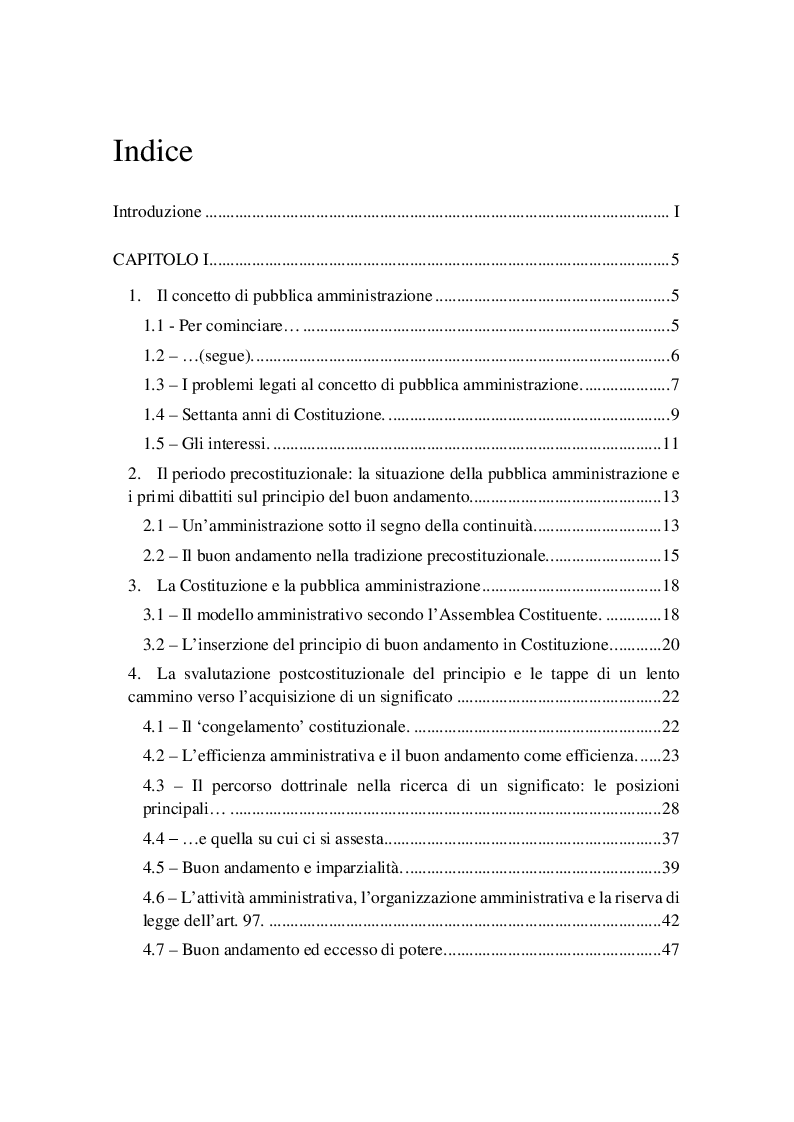 Indice della tesi: Il principio di buon andamento ex articolo 97 della Costituzione: dal giuridicamente irrilevante all’amministrazione di risultato, Pagina 1