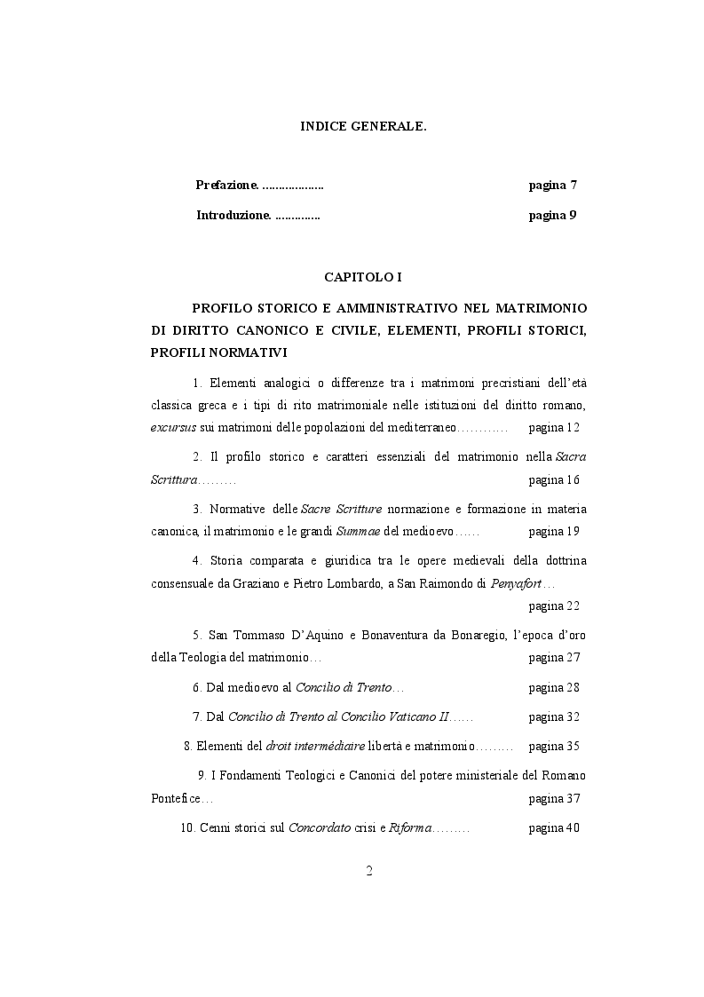 Indice della tesi: Il matrimonio nell’ordinamento dello Ius Ecclesia, e la comparazione con l’ordinamento italiano aspetti storici, sistematici e processuali., Pagina 1