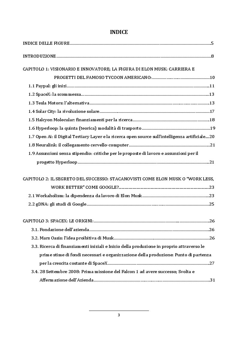 Indice della tesi: Modello di Business, Performance Aziendali e Posizione di SpaceX all’interno del ‘Sistema Musk’ e nel Mercato Aereospaziale, Pagina 1