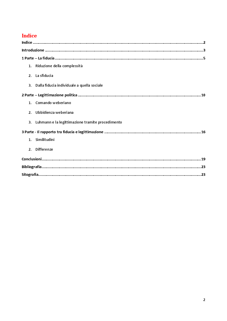Indice della tesi: Fiducia, legittimazione ed ubbidienza. Max Weber e Niklas Luhmann, Pagina 1