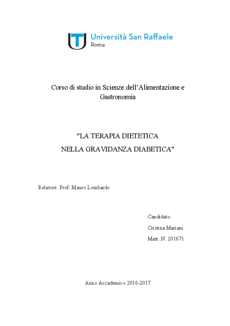 Anteprima della tesi: La Terapia Dietetica nella Gravidanza Diabetica, Pagina 1
