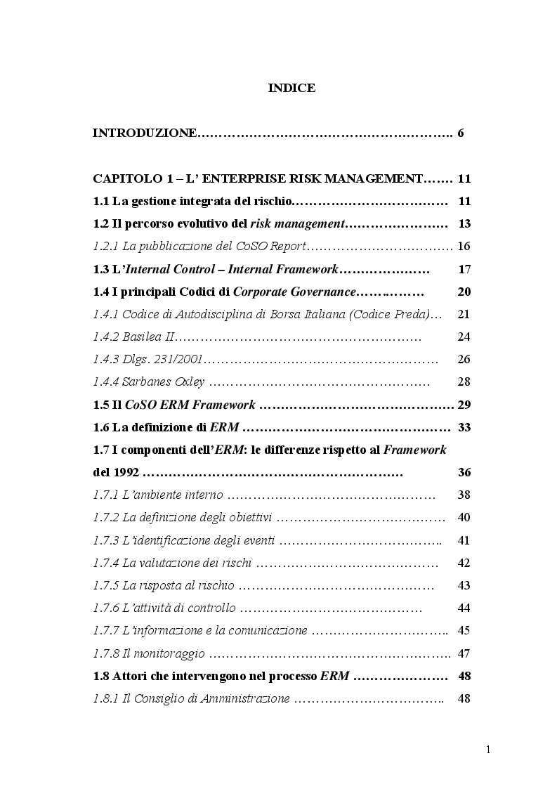 Indice della tesi: L'Enterprise Risk Management: un'analisi di casi aziendali, Pagina 1