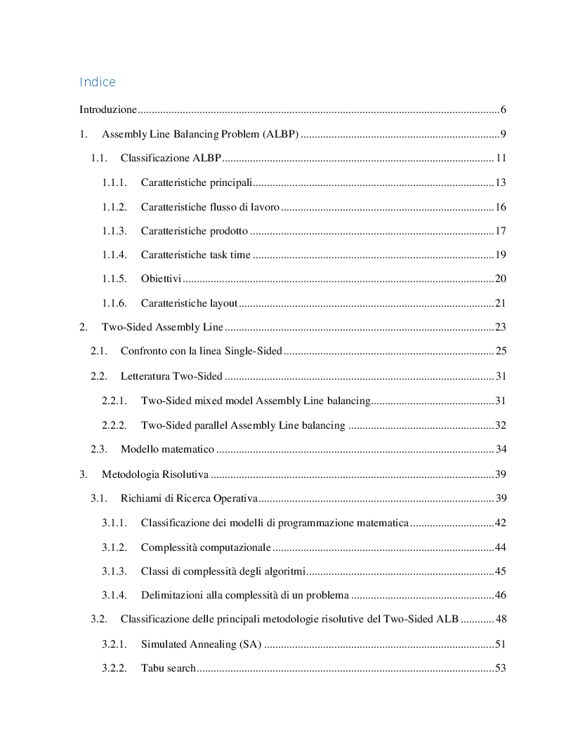 Indice della tesi: Bilanciamento di una linea di assemblaggio Two-sided utilizzando un algoritmo genetico, Pagina 1