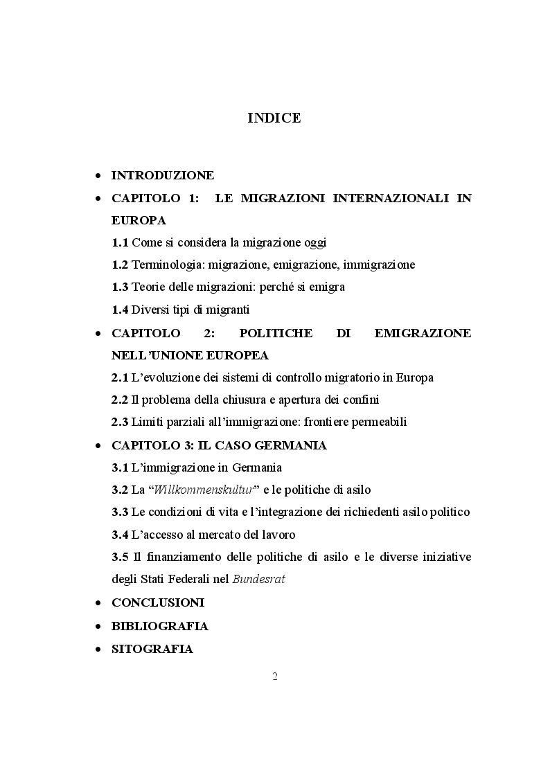 Indice della tesi: Come la Germania considera i rifugiati. Politiche di asilo e di accoglienza., Pagina 1
