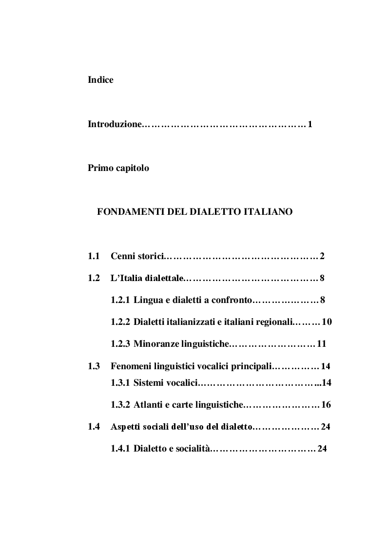 Indice della tesi: L'uso del dialetto in pubblicità, Pagina 1