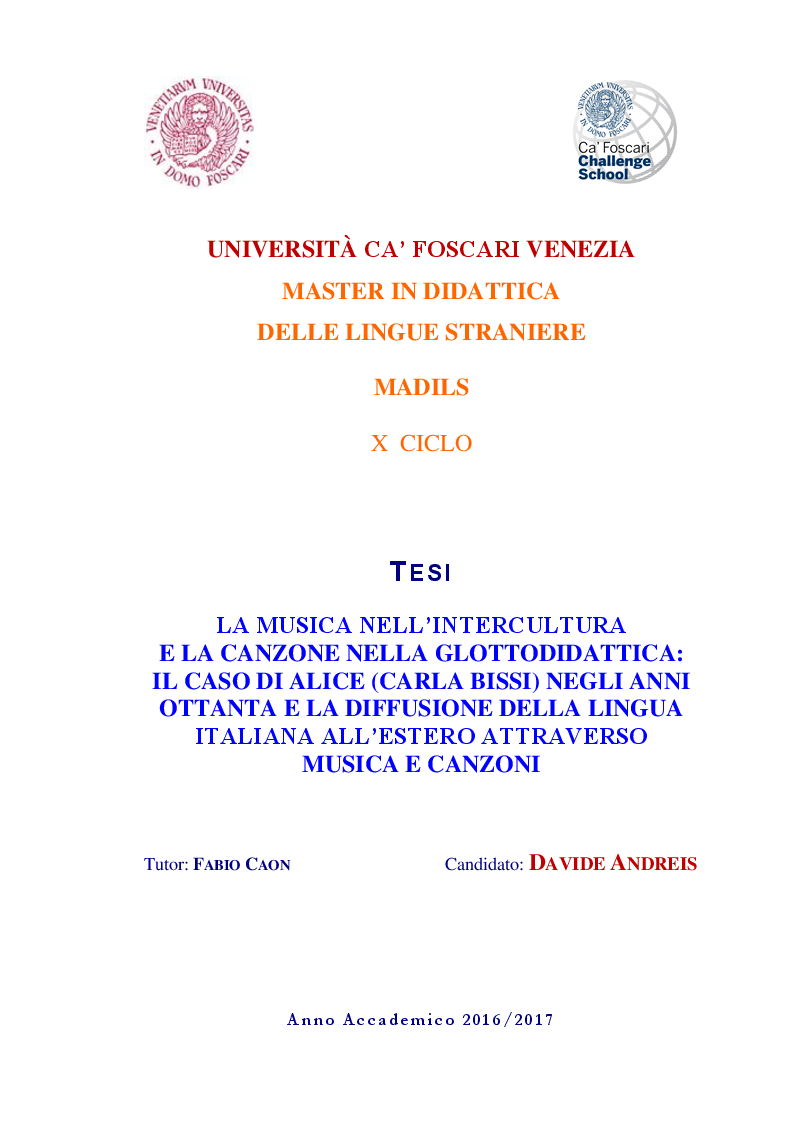 Anteprima della tesi: La musica nell'intercultura e la canzone nella glottodidattica: il caso di Alice (Carla Bissi) negli anni Ottanta e la diffusione della lingua italiana all'estero attraverso musica e canzoni, Pagina 1