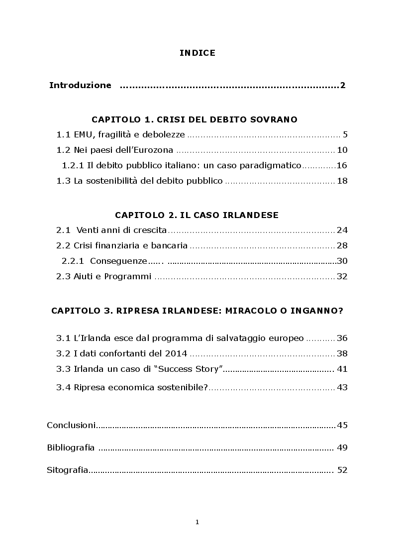 Indice della tesi: Crisi in Eurozona: Il caso Irlandese, Pagina 1
