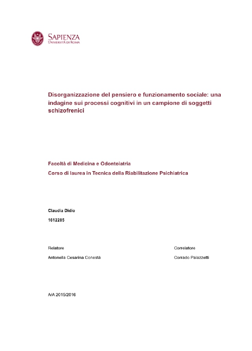 Anteprima della tesi: Disorganizzazione del pensiero e funzionamento sociale: una indagine sui processi cognitivi in un campione di soggetti schizofrenici, Pagina 1