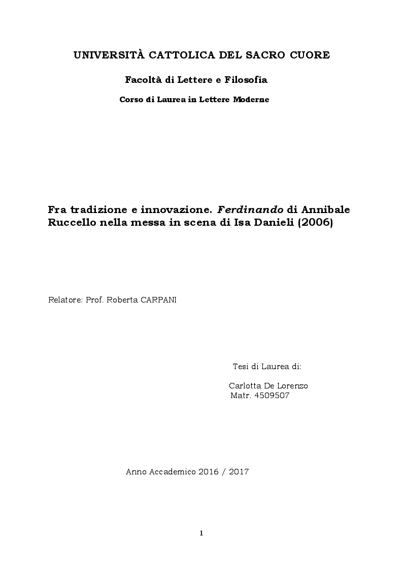 Anteprima della tesi: Ferdinando di Annibale Ruccello nella messa in scena di Isa Danieli, 2006, Pagina 1