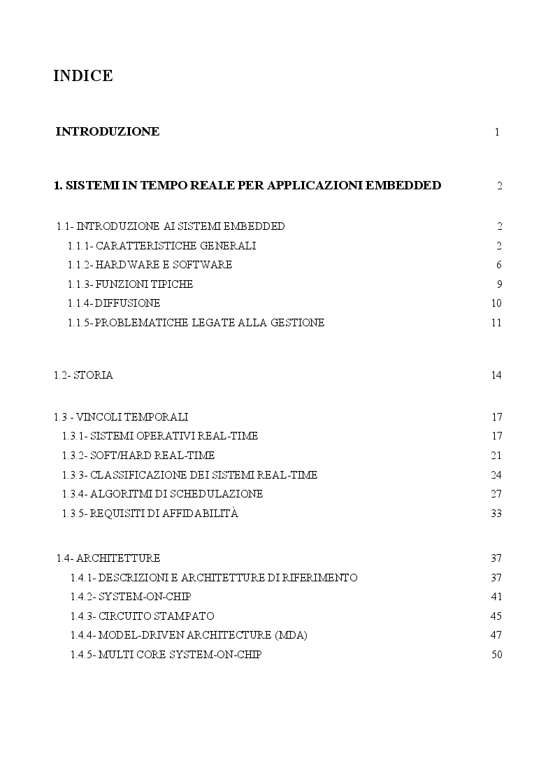 Indice della tesi: Sistemi embedded per applicazioni in tempo reale, Pagina 1