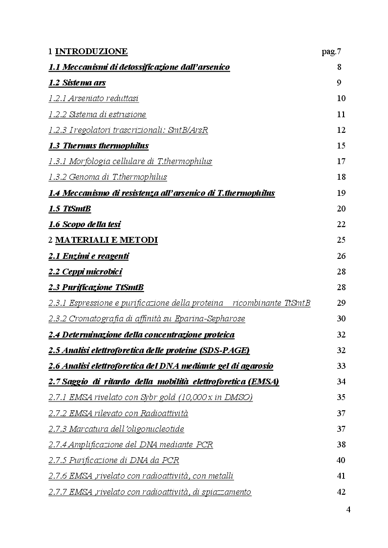 Indice della tesi: Caratterizzazione funzionale e strutturale del fattore trascrizionale TtSmtB di T.thermophilus, Pagina 1