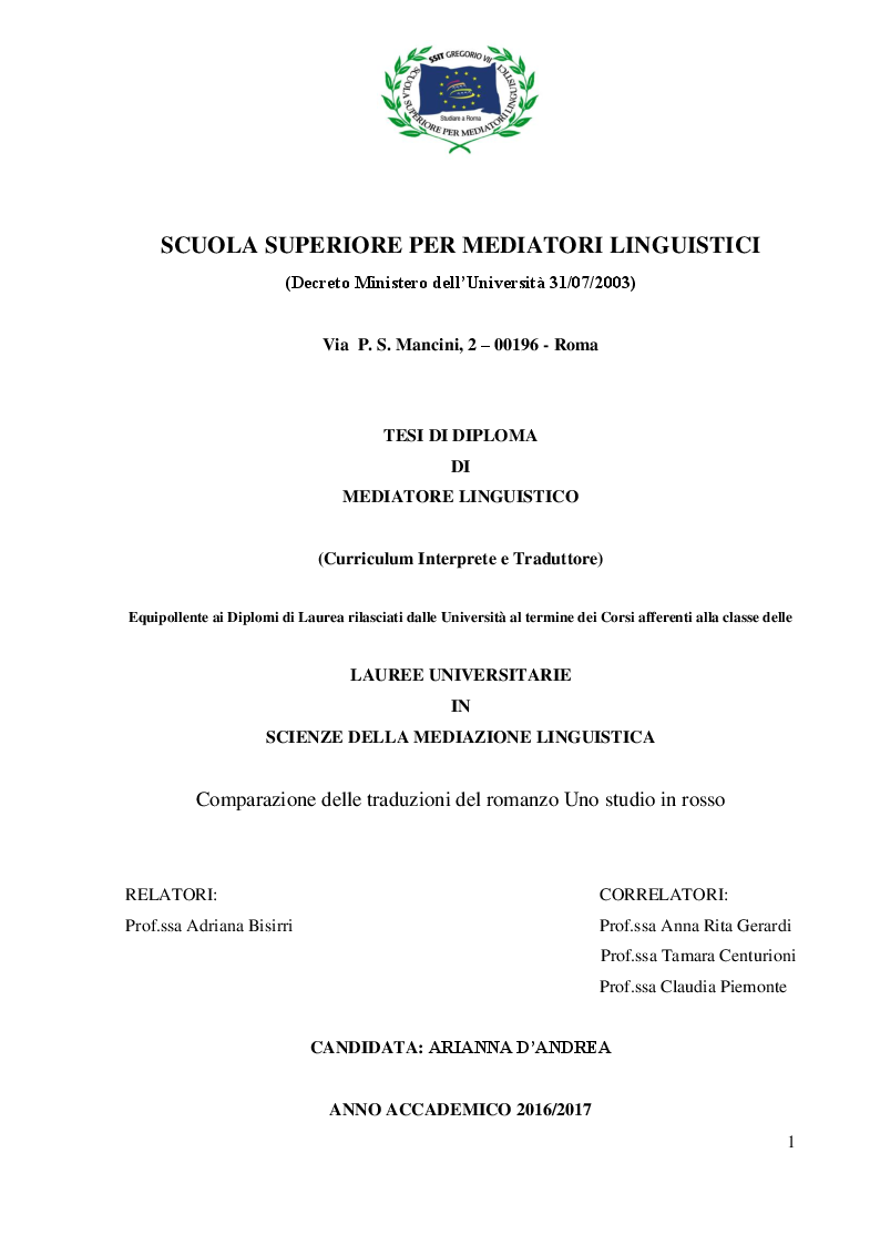 Anteprima della tesi: Comparazione delle traduzioni del romanzo ''Uno studio in rosso'', Pagina 1