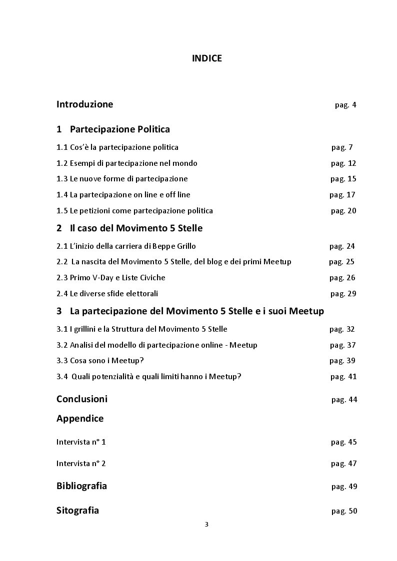 Indice della tesi: La partecipazione politica e i Meetup del Movimento 5 Stelle, Pagina 1