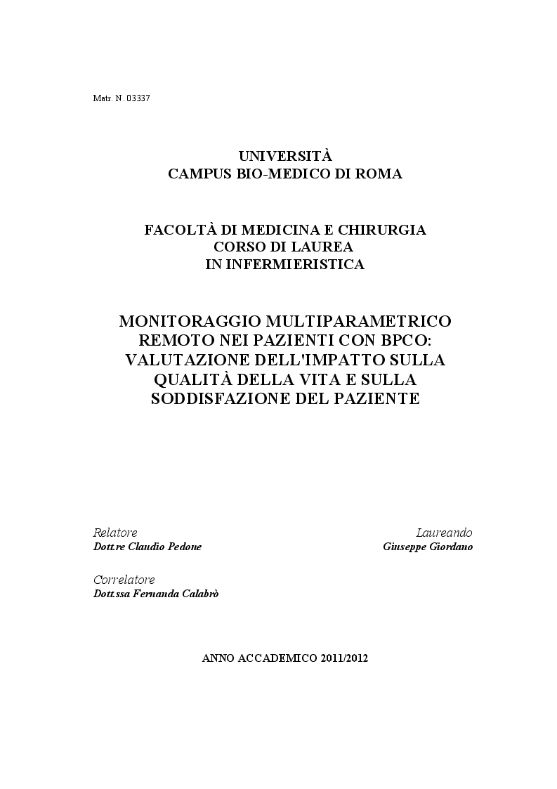 Anteprima della tesi: Monitoraggio multiparametrico remoto nei pazienti con BPCO: valutazione dell'impatto sulla qualità della vita e sulla soddisfazione del paziente, Pagina 1
