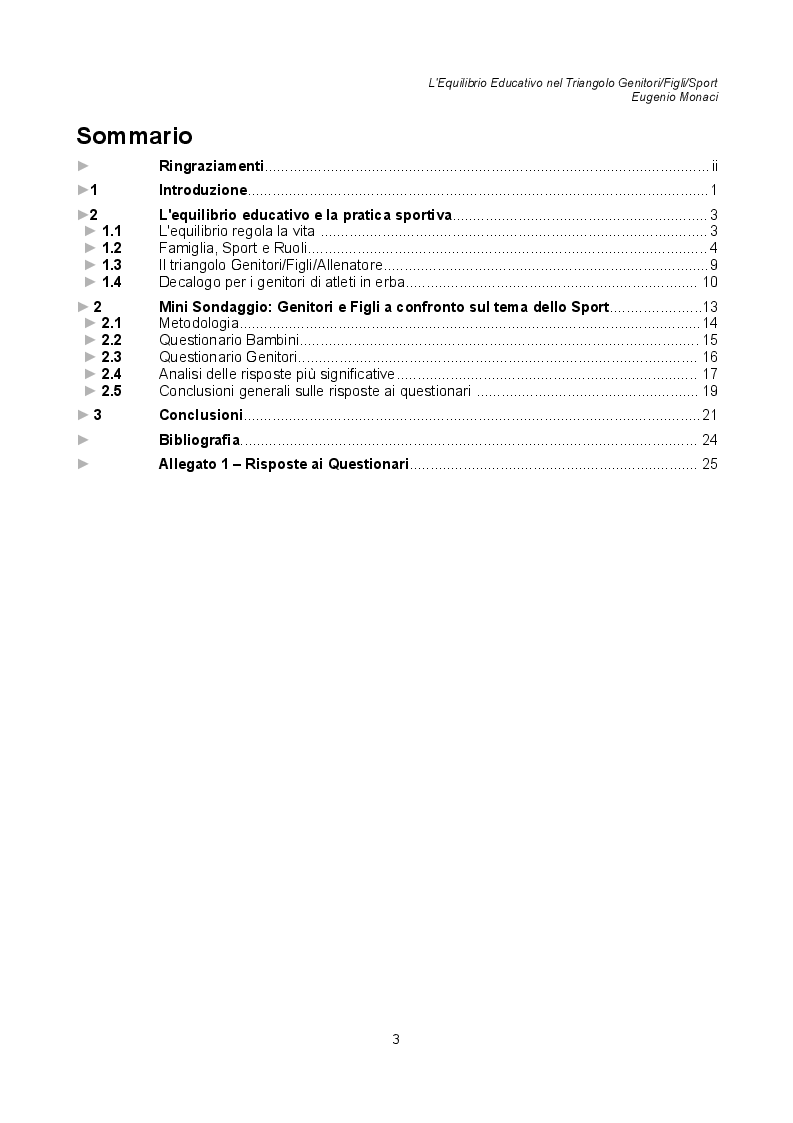 Indice della tesi: L'Equilibrio Educativo nel Triangolo Genitori / Figli / Sport, Pagina 1